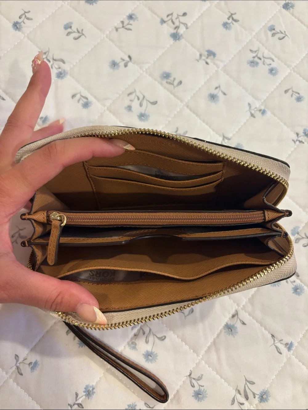 Michael Kors Cream and Brown Logo Wristlet Phone Wallet